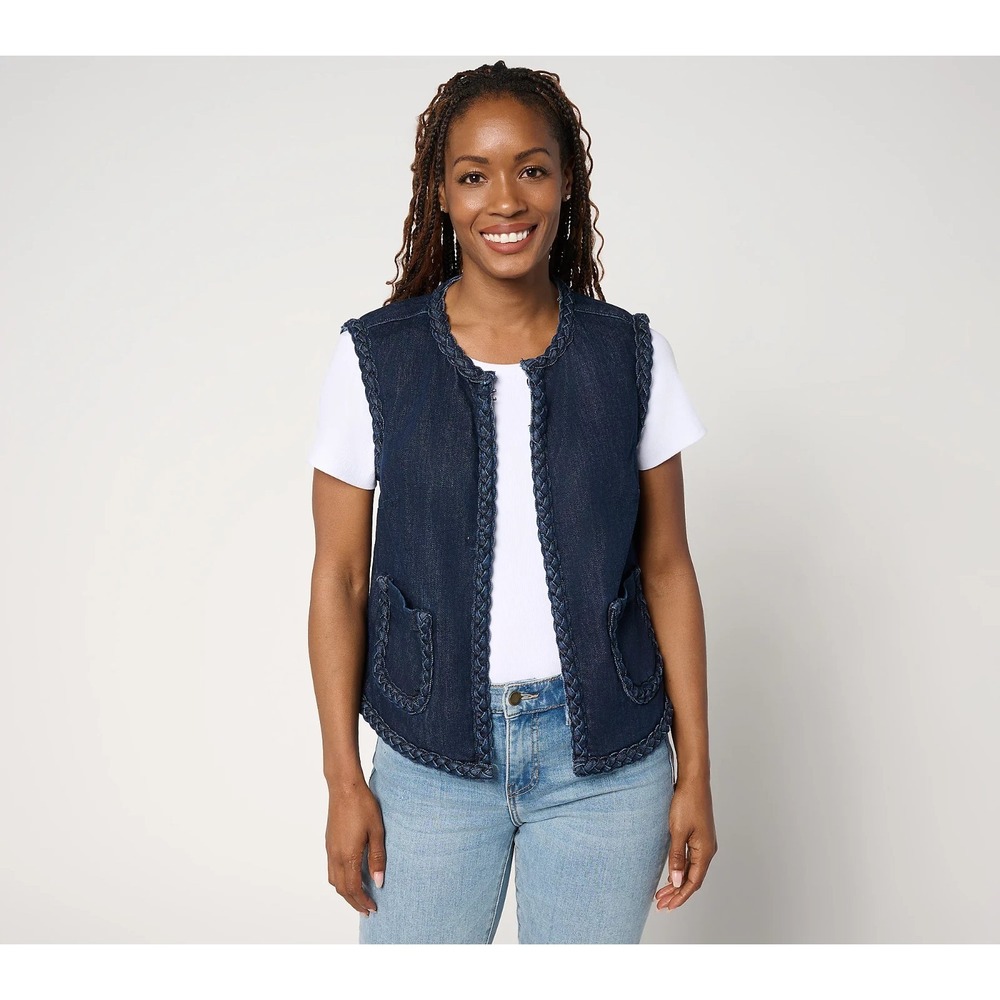 LOGO by Lori Goldstein Denim Vest with Braided Trim Dark wash, Size 1X  #32E